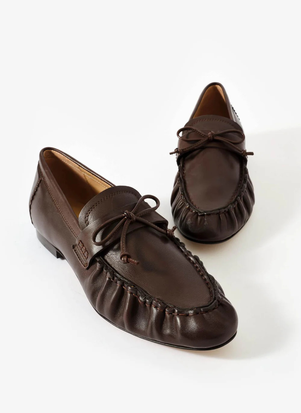 Imogen Brown Leather Ruched Loafers | Mint Velvet