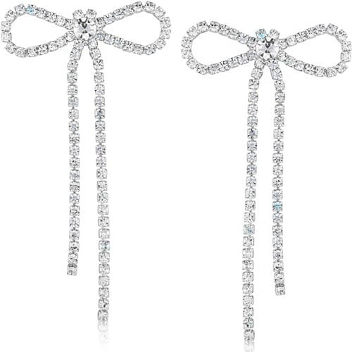 Plated Silver Bow Earrings for Women - Long Silver Earrings for Women, Sparkly Dangle Bow Stud with Rhinestone Dangling Statement Tassels, Dangly Cute Coquette Jewelry for Prom or Homecoming | Amazon (US)
