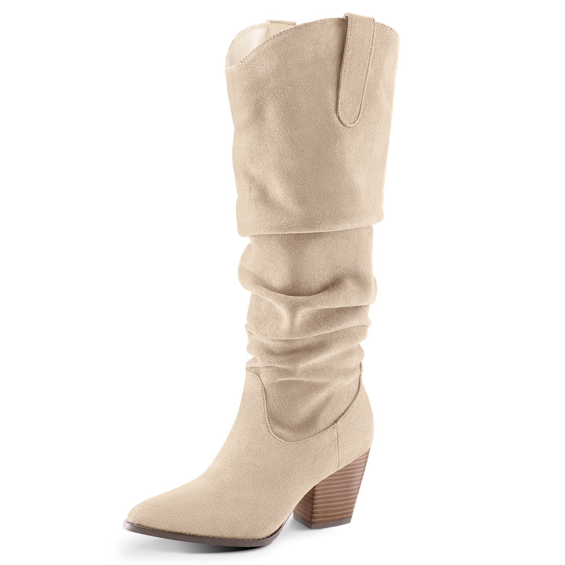 PENNYSUE Women's Knee-High Pointed Toe Beige Boots Wide Calf Mid Chunky Heel Slouchy Boots With S... | Walmart (US)