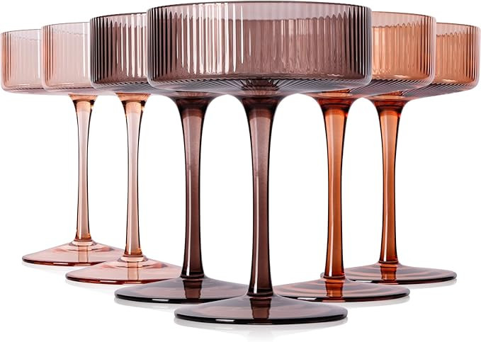 9 oz Brown Coupe glasses Set of 6-Hand Blown Venus ribbed vintage coupe glasses-Brown martini gla... | Amazon (US)