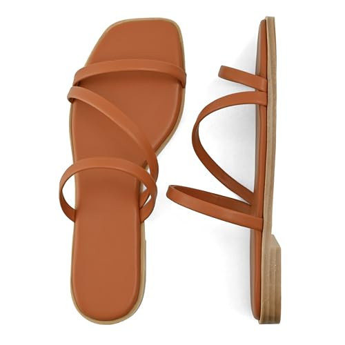 LACUONE Strappy Flat Sandals For Women Slip On Square Open Toe Slides Sandals(8.5,Brown) | Amazon (US)