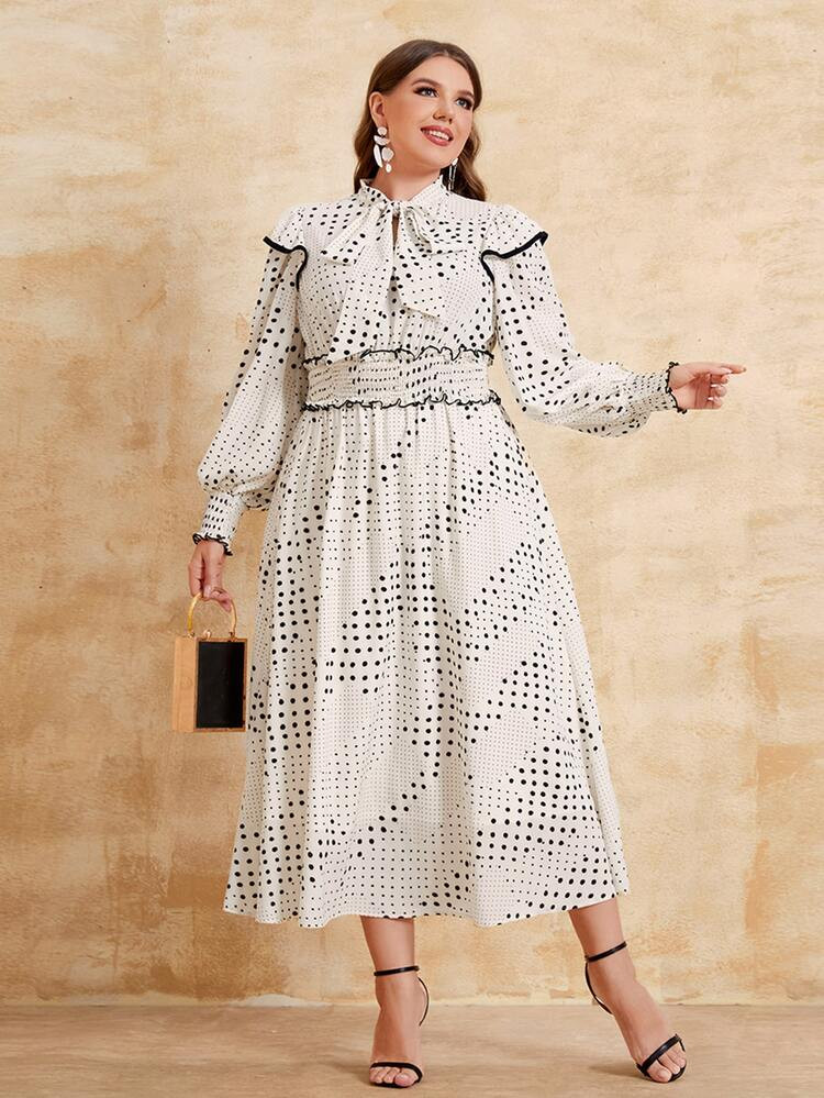 SHEIN Plus Polka Dot Shirred Tie Neck Dress | SHEIN