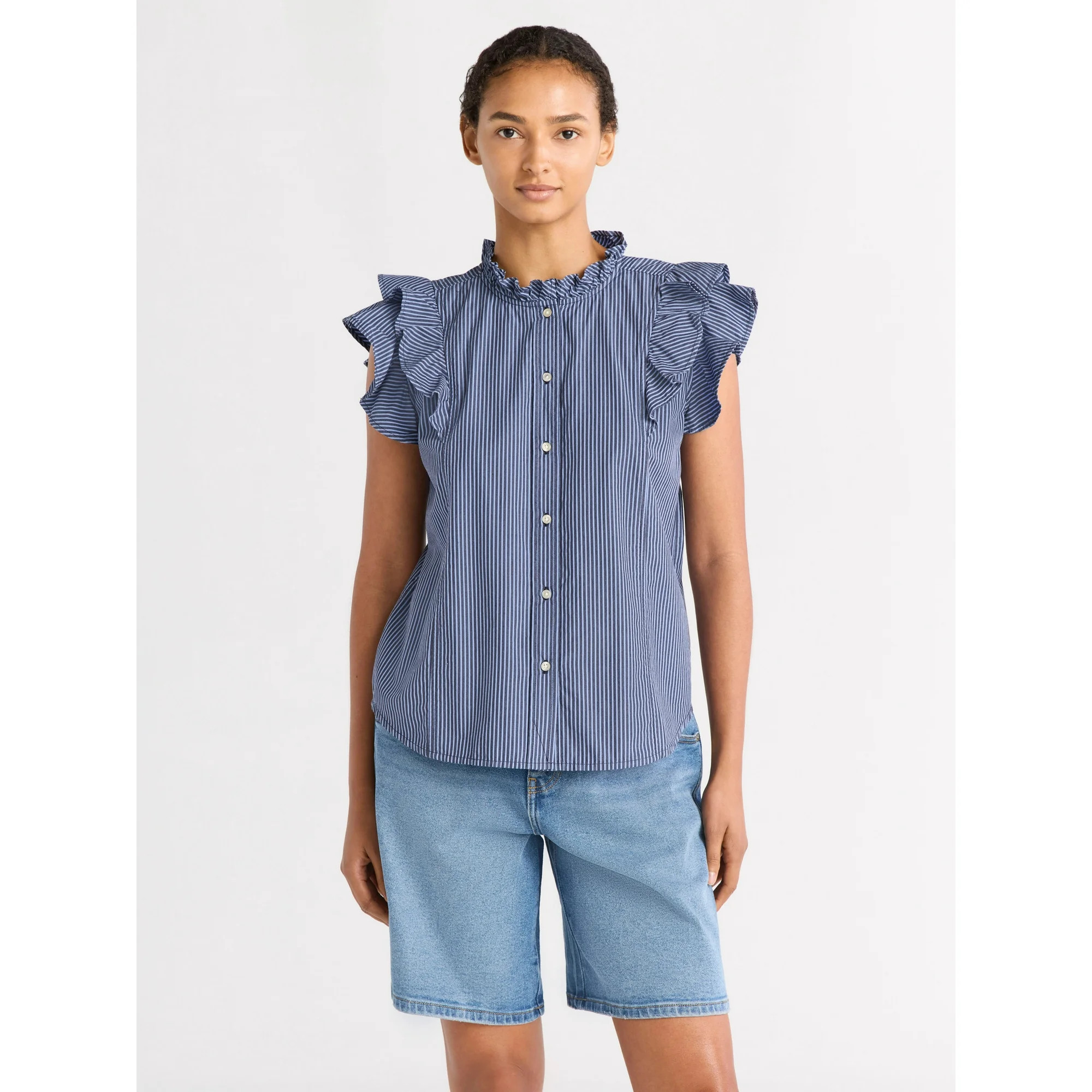 Free Assembly Women's and Women's Plus Size Button Front Ruffle Shirt, Sizes XS-4X | Walmart (US)