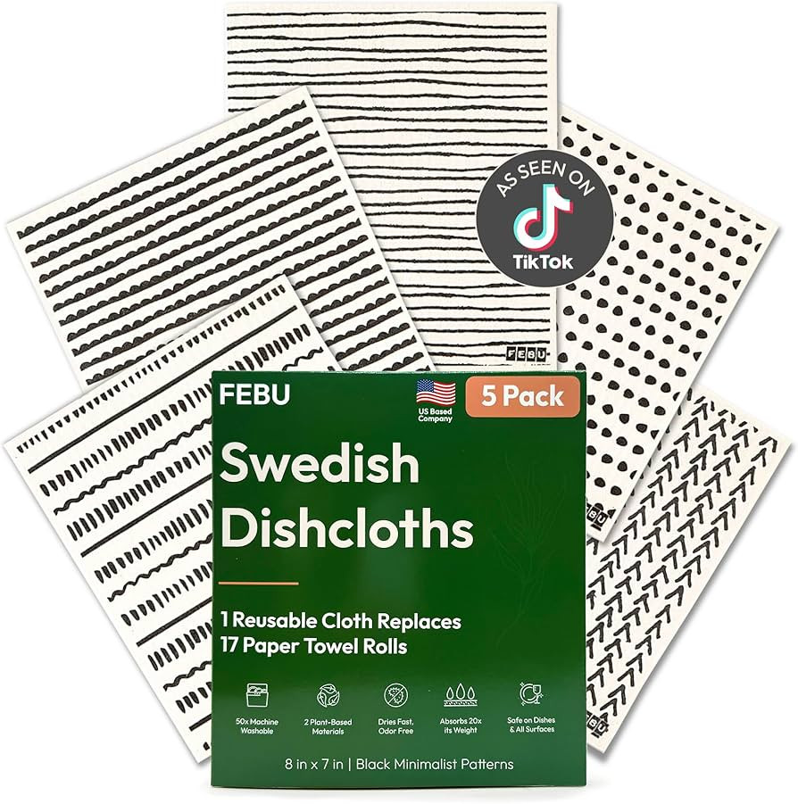 FEBU Swedish Dishcloths for Kitchen | 5 Pack Black Minimalist Reusable Paper Towels Washable | Sw... | Amazon (US)