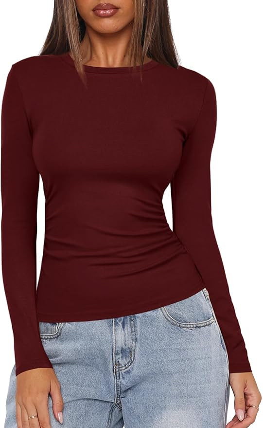 Darong Women's Long Sleeve Crew Neck Shirts Fall Basic Casual Ruched Side Slim Fit T Shirts Tee T... | Amazon (US)