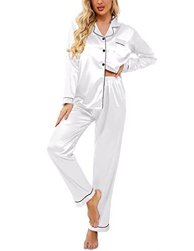 Ekouaer Women's Classic Button Down Long Satin Silk Pajama Set,Large,White | Amazon (US)
