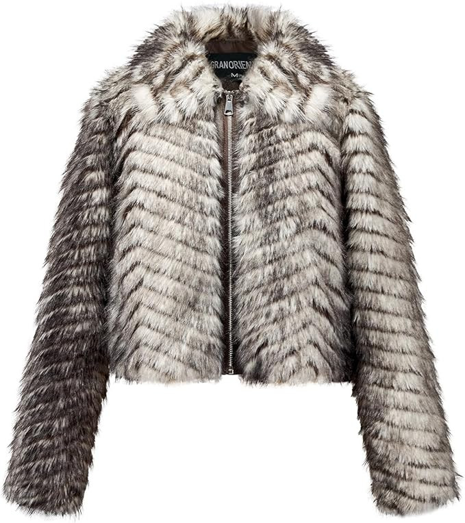 GRAN ORIENTE Women Faux Fur Leopard Print Cropped Jacket,Fleece Fluffy Leather Lined Zip Up Coat | Amazon (US)