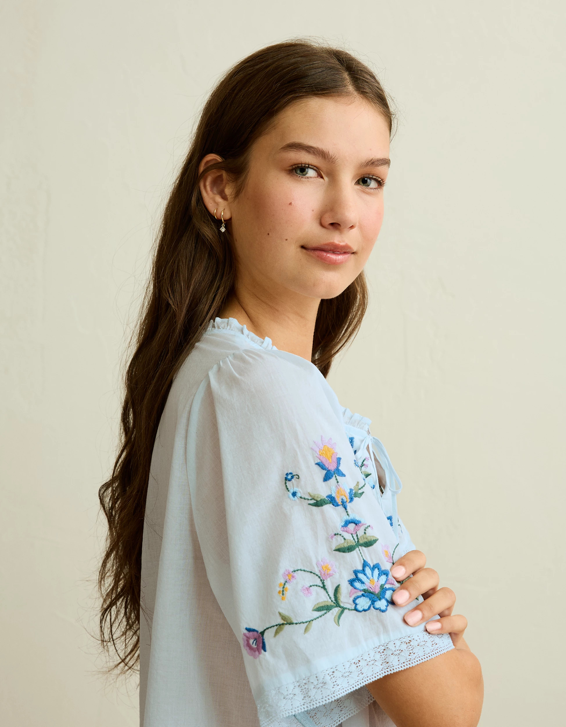 AE Flutter-Sleeve Embroidered Top | American Eagle Outfitters (US & CA)