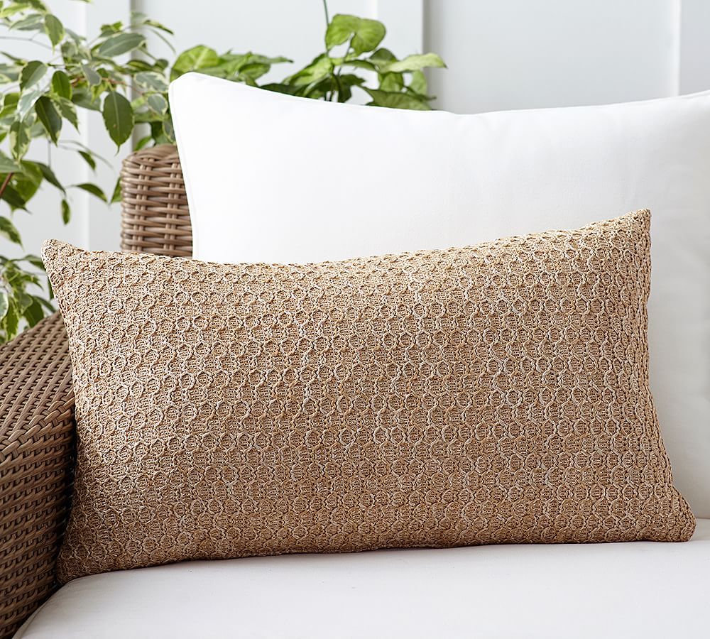 Faux Natural Fiber Honeycomb Outdoor Lumbar Pillow | Pottery Barn (US)