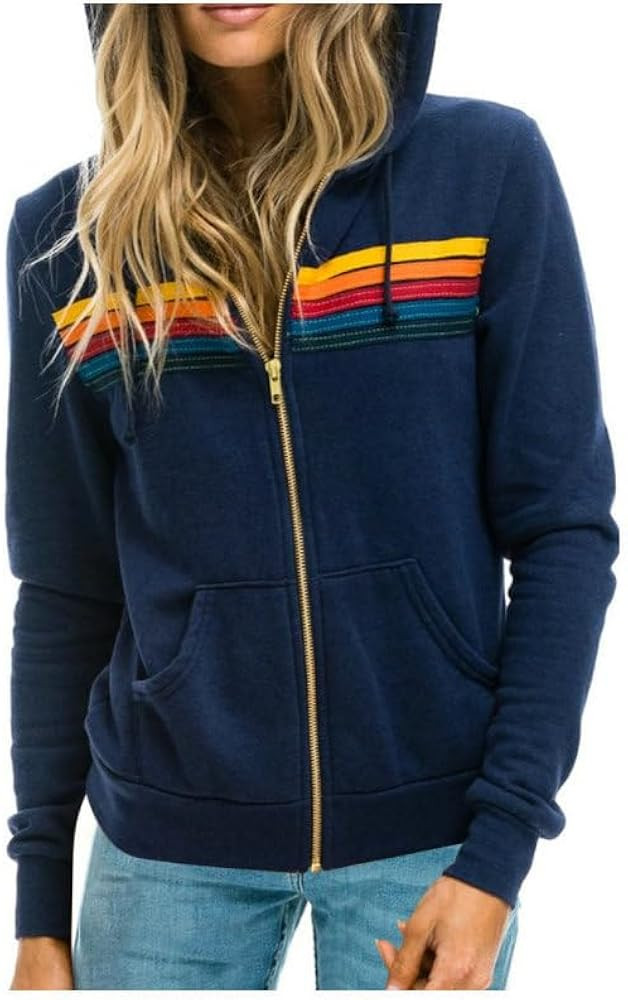 Women's Zip Stripe Hoodie Nation Long Sleeve Zipper Elastic Pullover Hoodies Sweatpants Sports Ja... | Amazon (US)