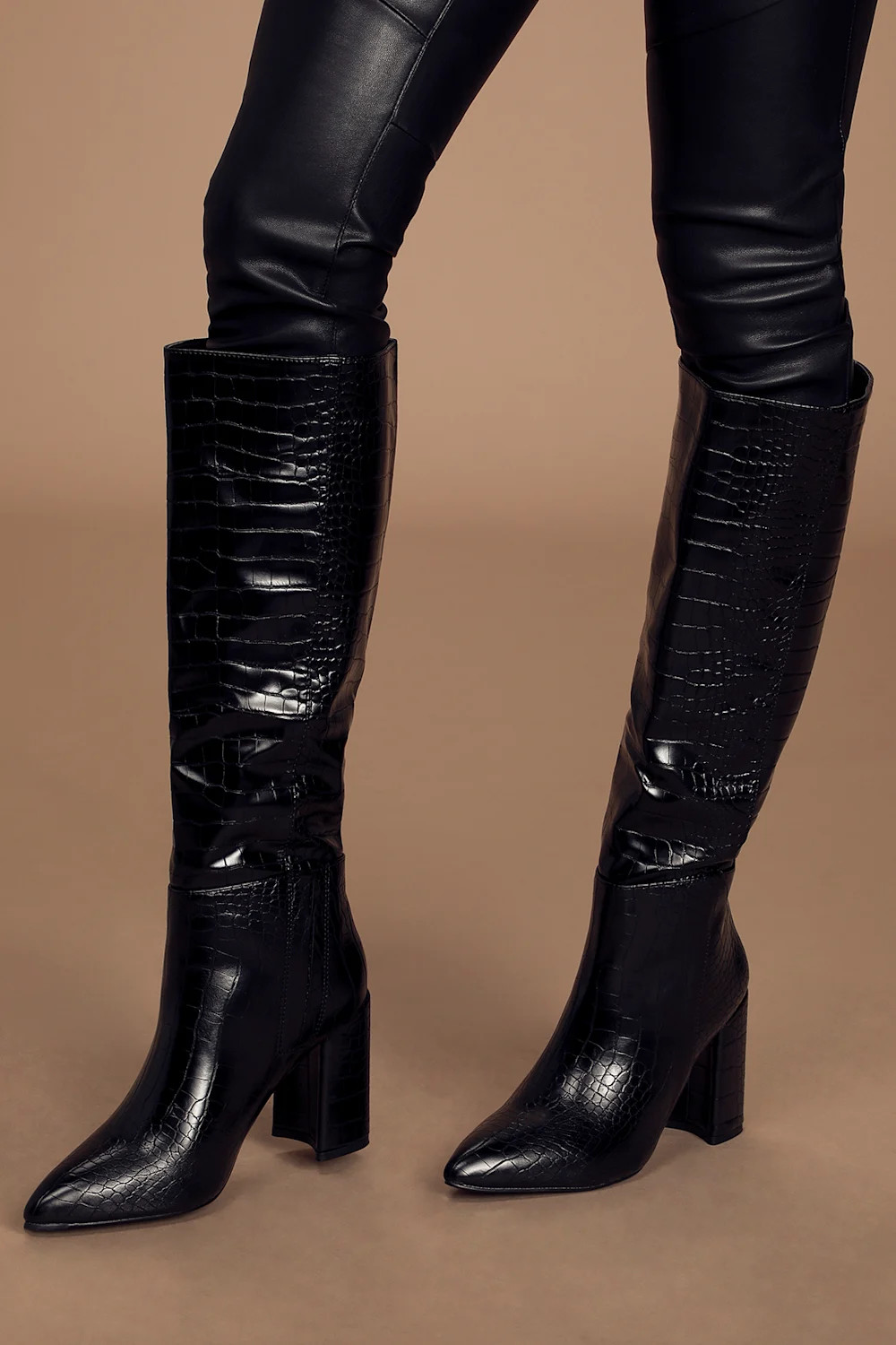 Katari Black Croc Pointed-Toe Knee High Boots | Lulus (US)