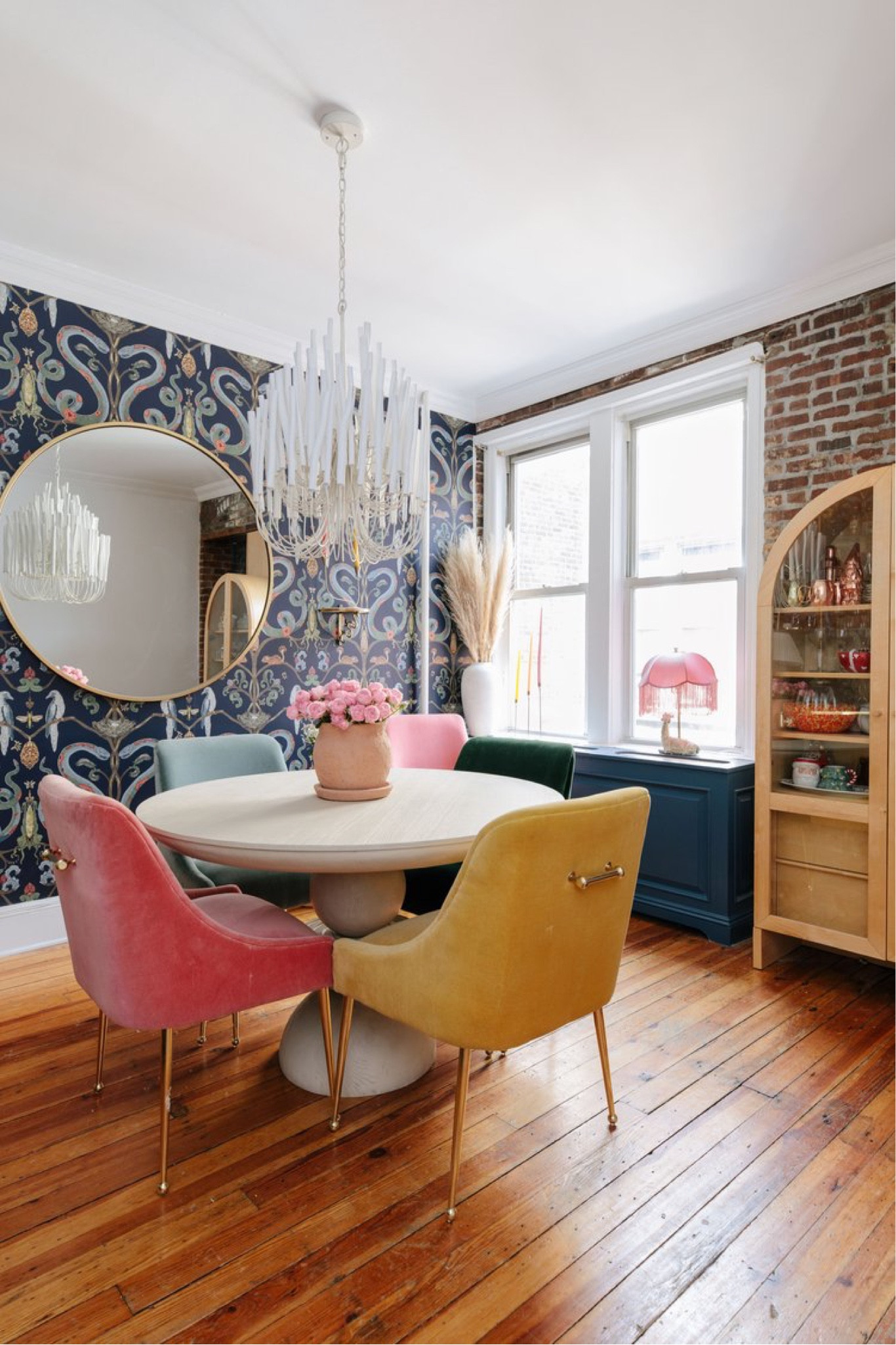 Colorful breakfast nook rainbow dining chairs colorful dining room wallpaper 

#LTKhome