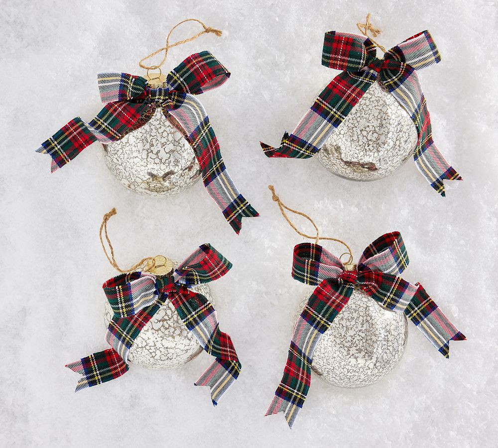 Mercury Glass Ball Ornaments with Plaid Bows - Set of 4 | Pottery Barn (US)