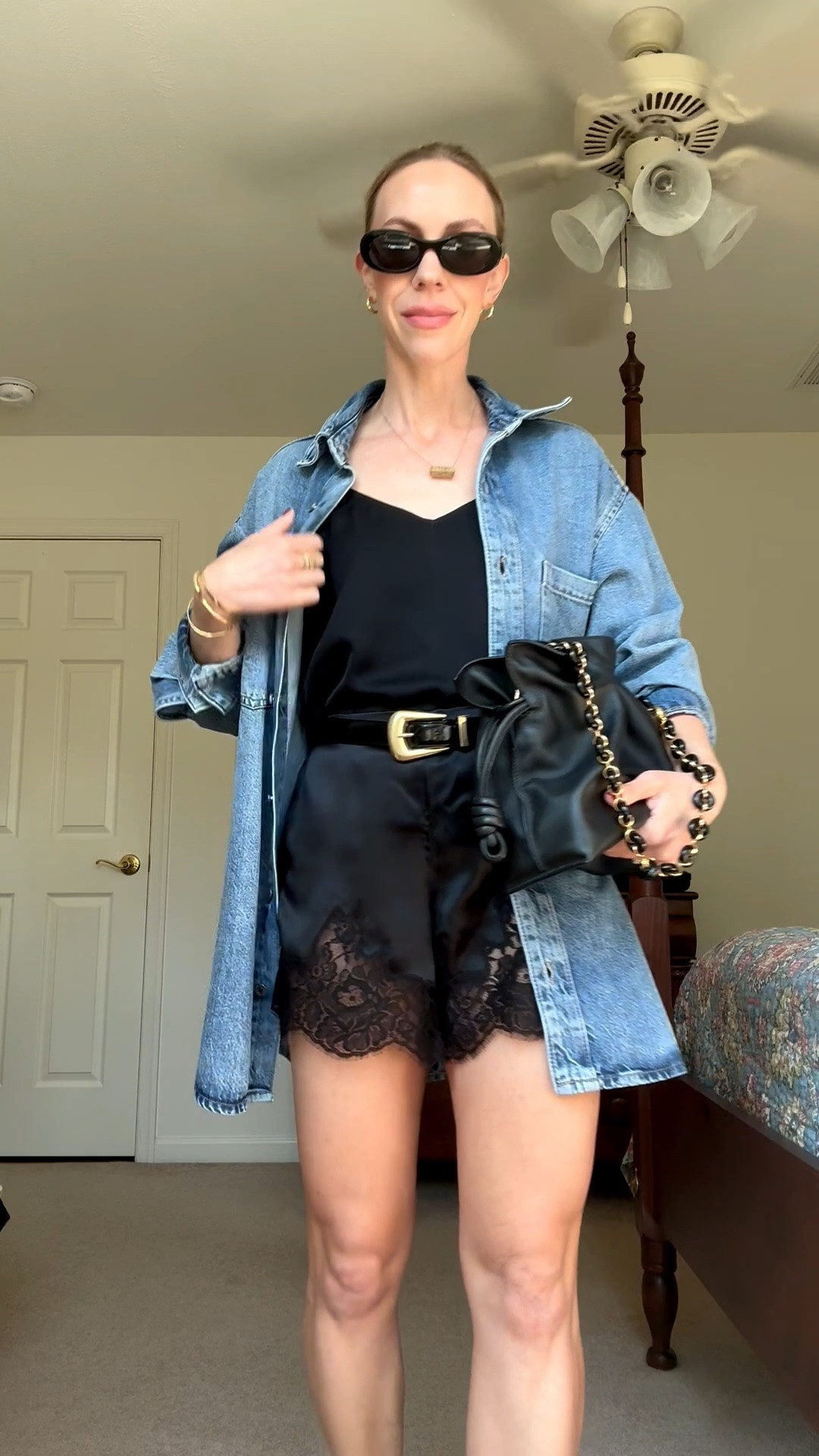 Styling lace shorts for early fall, lace shorts over 40, @Quince silk shorts with western belt and oversized denim shirt

#LTKOver40 #LTKSeasonal #LTKgrwm