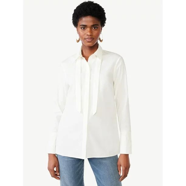 Scoop Women's Tie Neck Button Front Poplin Tunic Shirt with Long Sleeves, Sizes XS-XXL - Walmart.... | Walmart (US)