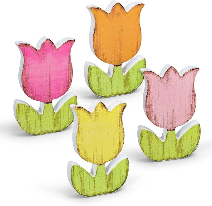 Whaline 4Pcs Spring Tulips Wood Signs Table Decor - Retro Spring Flowers Table Centerpiece Rustic... | Amazon (US)