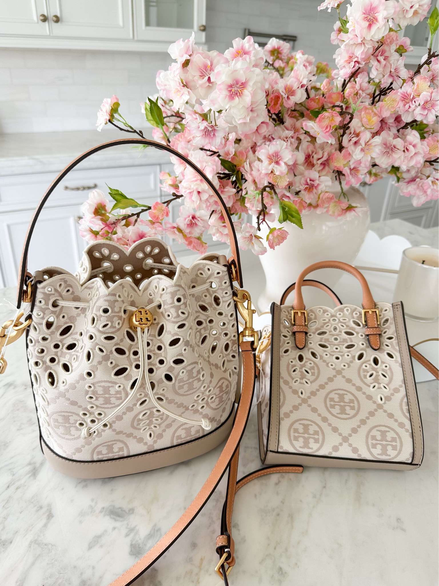 Tory Burch Mini T Monogram Laser-cut Tote in White