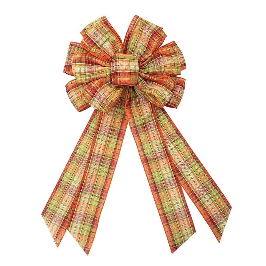 Large Fall Bow Wreath Autumn Thanksgiving Yellow Orange Plaid Bows for Farmhouse Wreath Indoor Ou... | Amazon (US)