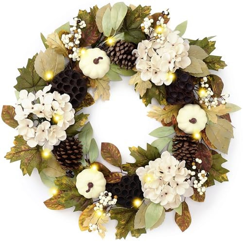 DecorbyHannah Fall Wreaths for Front Door, 24 Inch Collasible Fall Wreath with Lights, Autumn Farmhouse Pumpkin Wreaths with Pinecone Lotus Hydrangea Maple Leaves for Porch Wall Indoor Outdoor Use | Amazon (US)