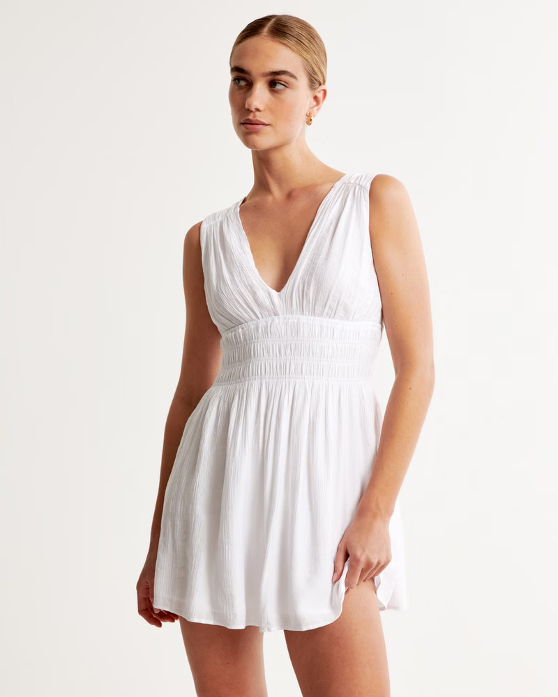 Smocked Plunge Crinkle Mini Dress | Abercrombie & Fitch (US)