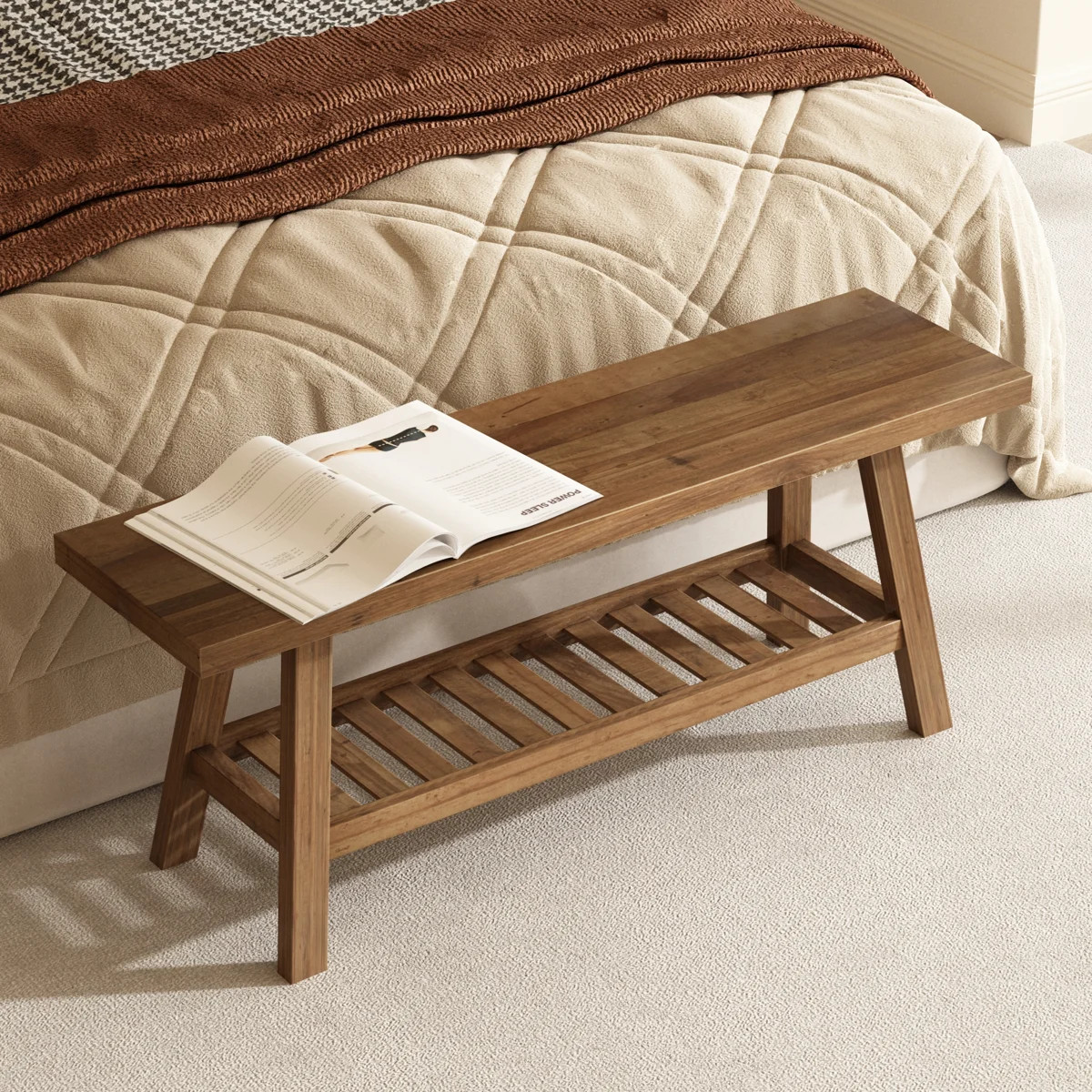 43.3'' Solid Reclaimed Wood Bench with Shelf | Wayfair North America