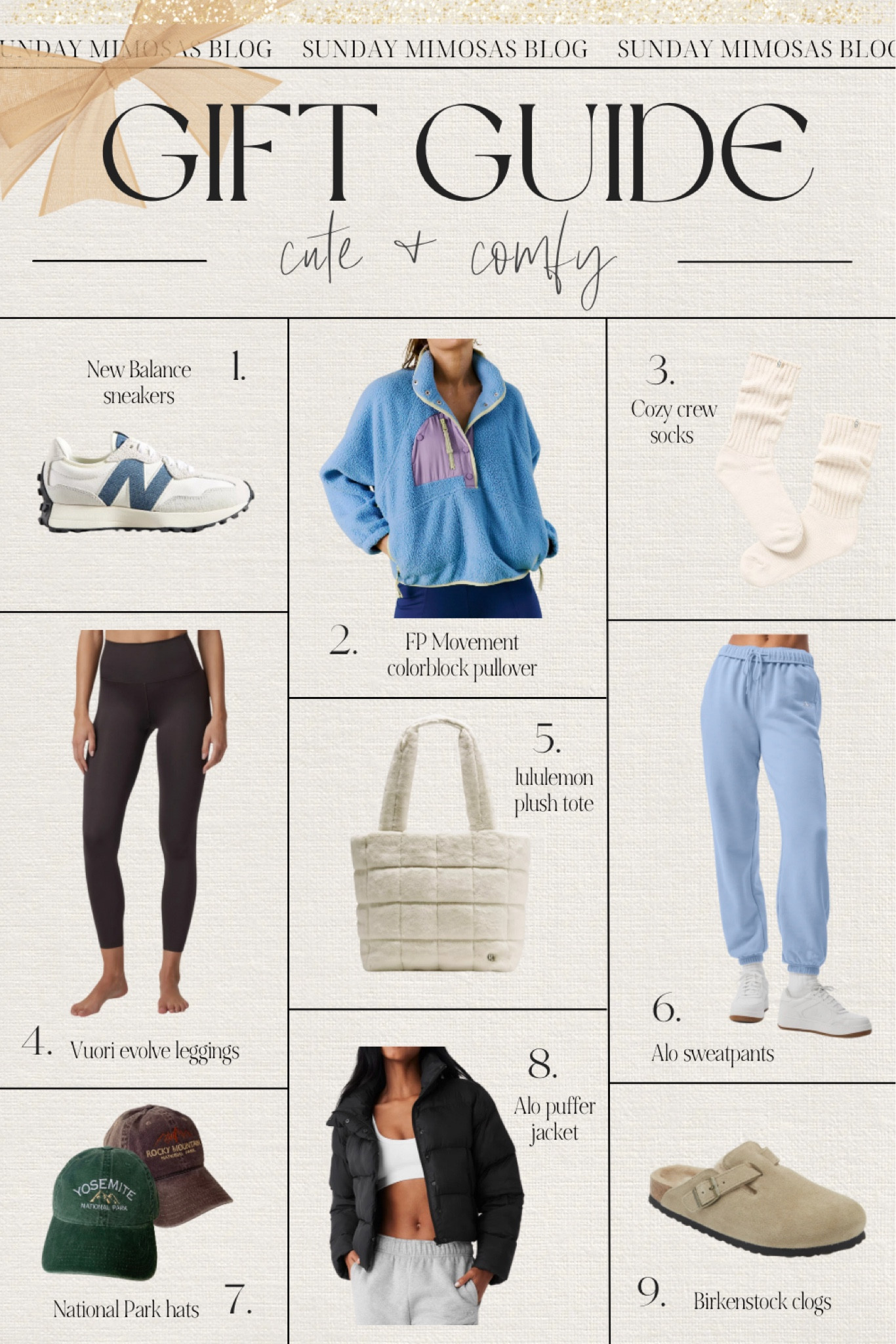 Comfy Cozy gift ideas! ☃️🤍

Top athleisure and comfy activewear gifts for her 😍

1. New Balance sneakers
2. Free people FP Movement Hit the Slopes color block pullover
3. Cozy crew socks
4. Vuori leggings
5. Lululemon plush fleece tote bag
6. Alo sweatpants
7. National Park baseball caps
8. Alo puffer jacket
9. Birkenstock clogs

Linking more Christmas gift ideas for women and gifts for her below! 

All of our 2024 Christmas Gift Guides (with more details on the products) are on sundaymimosasblog.com 🎁

#LTKHoliday #LTKGiftGuide #LTKCyberWeek