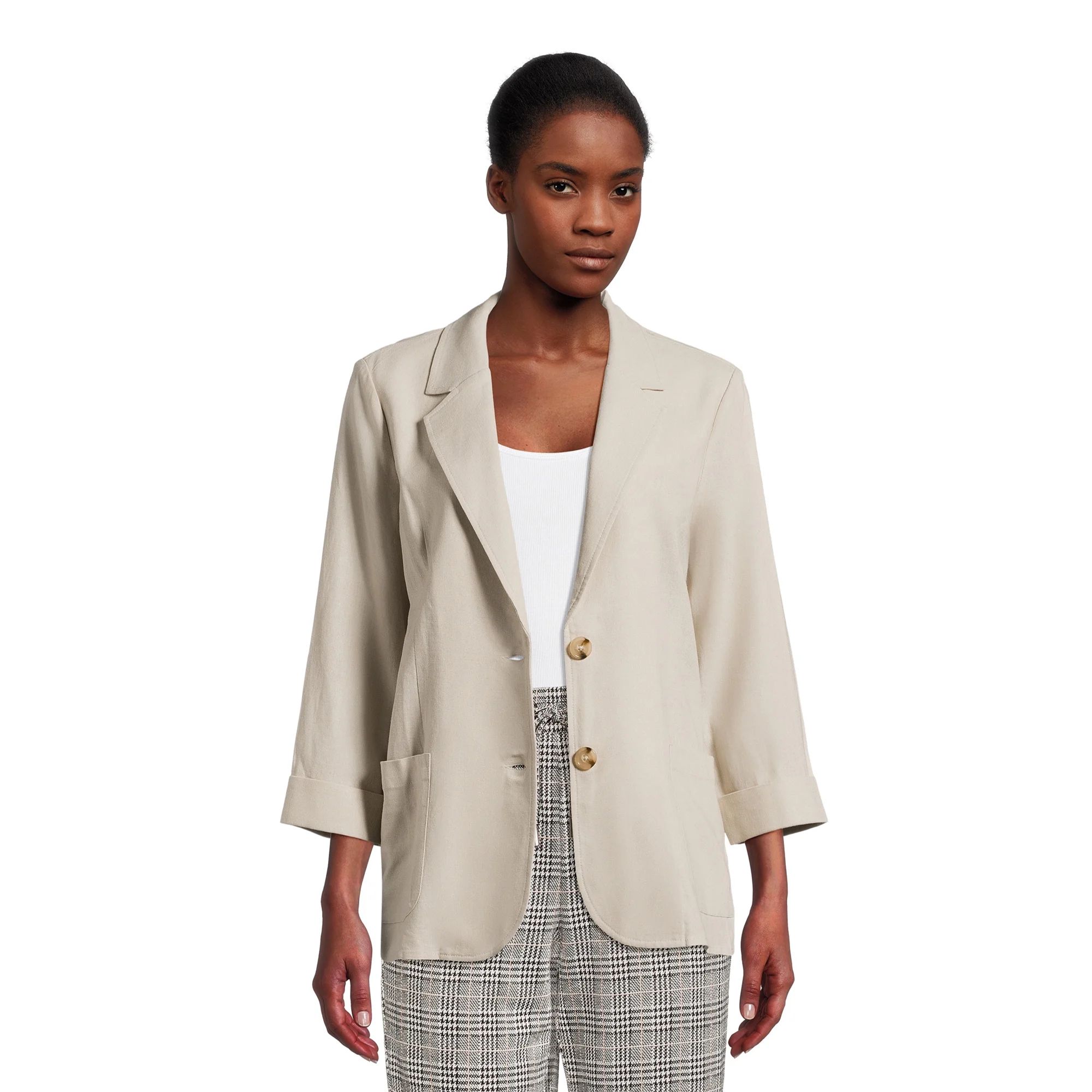 Time and Tru Women’s Linen-Blend Button Front Blazer with Patch Pockets, Sizes S-XXXL - Walmart... | Walmart (US)