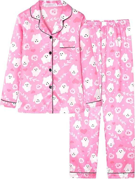 Satin Pajamas for Big Girls Unisex Kids Silk Button Down Long Sleeve & Pants PJS 2PCS Size 8-16 | Amazon (US)