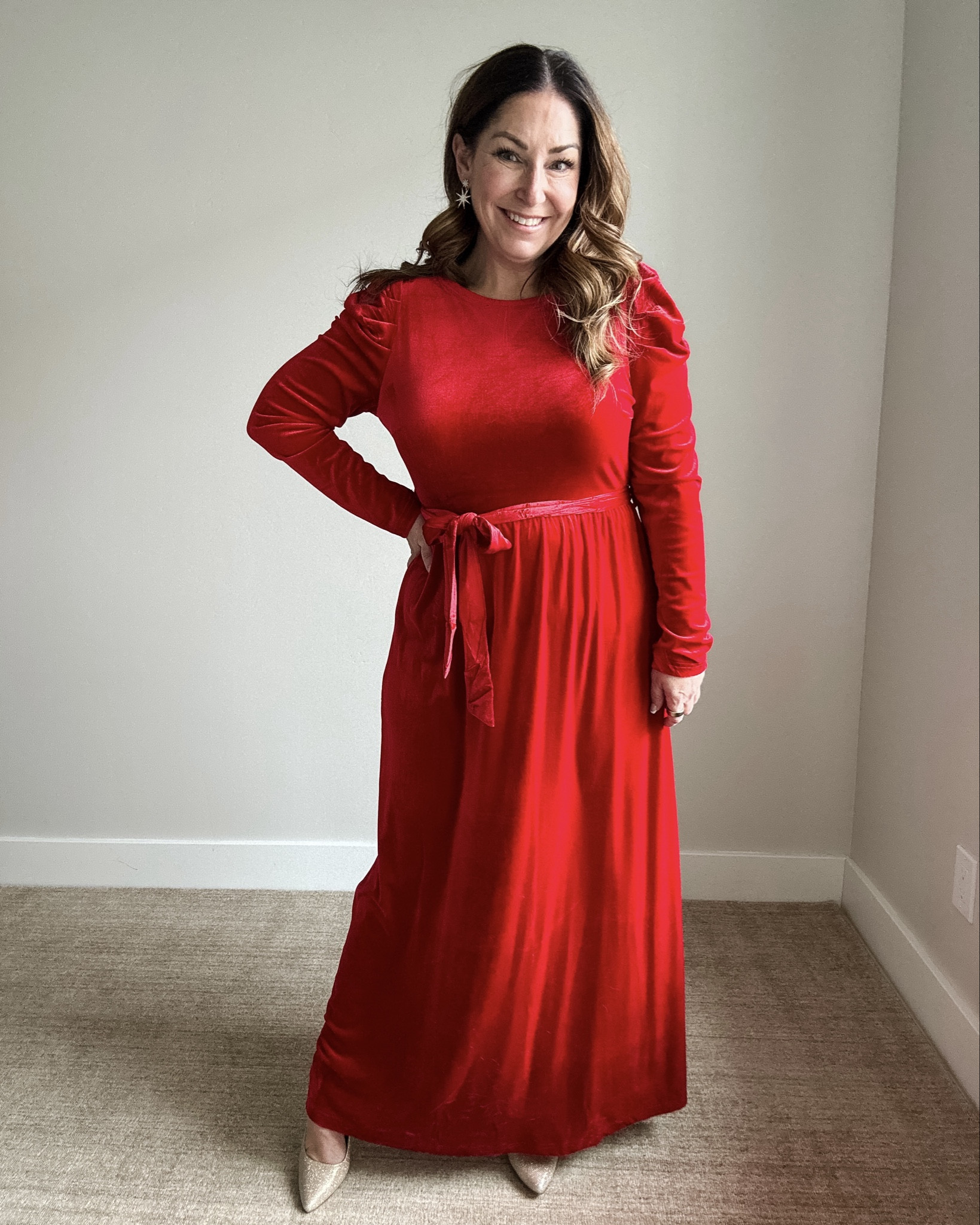 Red Full-Length Belted Velvet Dress | Wearing L #holidaydress #holidaypartyoutfit #holidayeventdress 

 

#LTKHoliday #LTKMidsize #LTKFindsUnder50