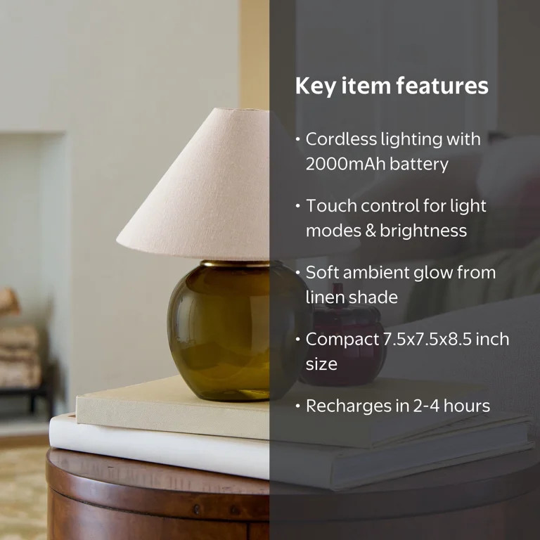 Better Homes & Gardens 8.5 in Green Glass Rechargeable LED Portable Table Lamp with Dimmable Touc... | Walmart (US)