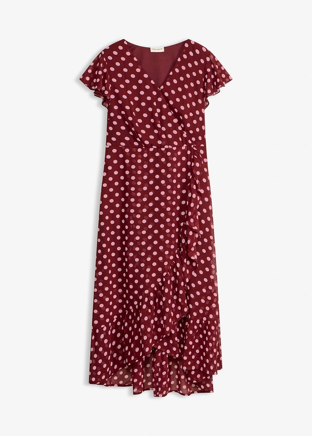 Chiffon jurk met volants robijnrood-roze gestippeld | Bonprix NL