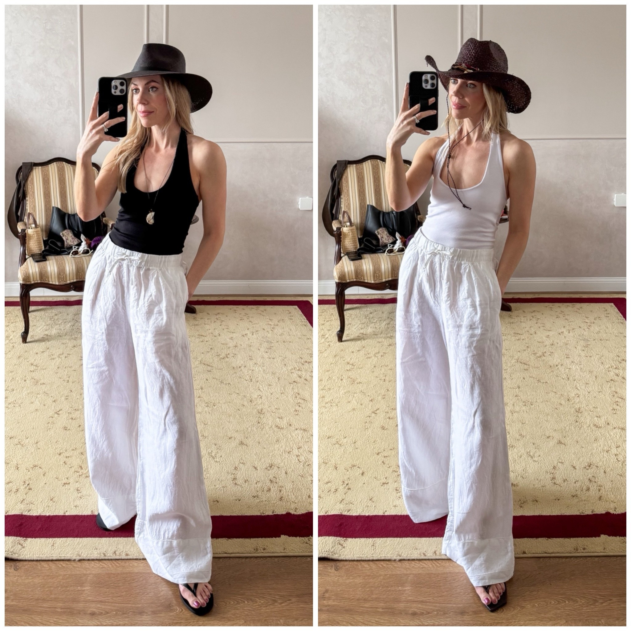 Summer vacation outfits, halter top, white linen pants, straw hat, beach outfits

#LTKSeasonal #LTKTravel #LTKOver40