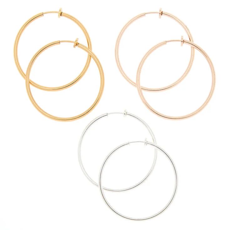 Mixed Metal 40MM Clip On Hoop Earrings - 3 Pack | Claire's (US)
