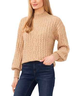 Women's Cable-Knit Mock Neck Bishop Sleeve Sweater | Macy's