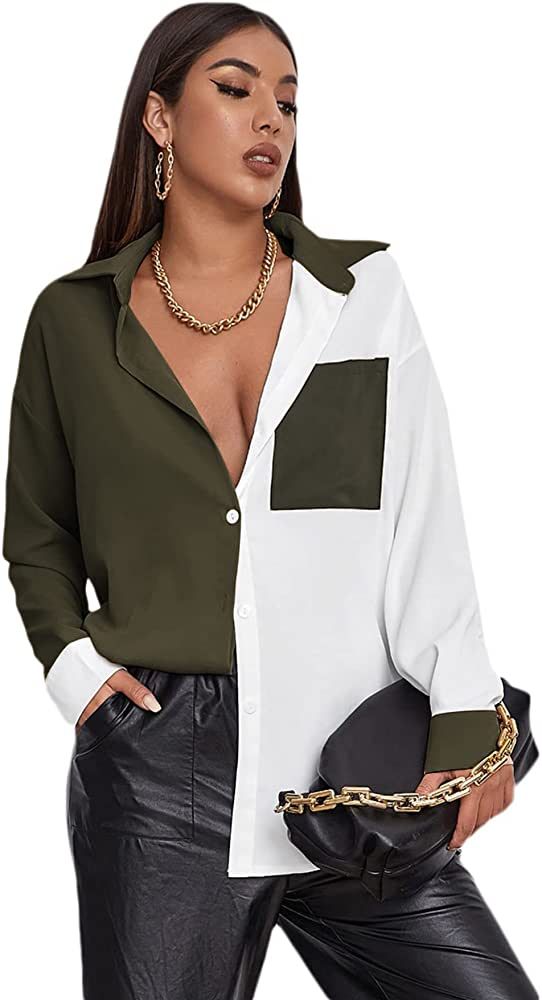 SheIn Women's Color Block Button Down Blouse V Neck Long Sleeve Collar Oversized Shirt Tops | Amazon (US)