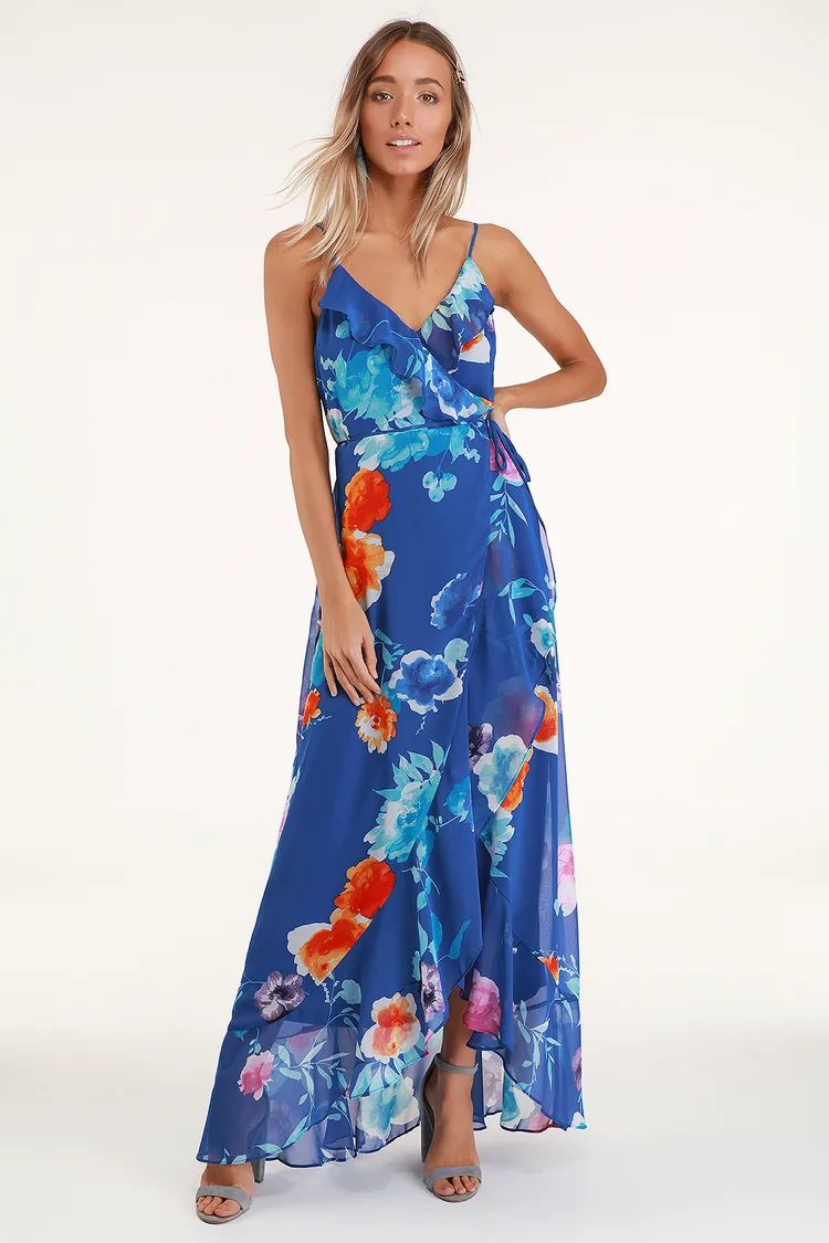 Ladean Royal Blue Floral Print Ruffled Wrap Maxi Dress | Lulus (US)