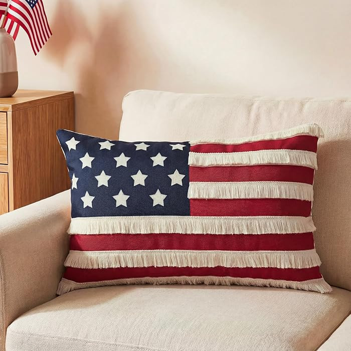 1PC 4th of July Pillow Cover 12x20 Inch, Patriotic Lumbar Pillow Cover with Cotton Tassels, Vinta... | Amazon (US)