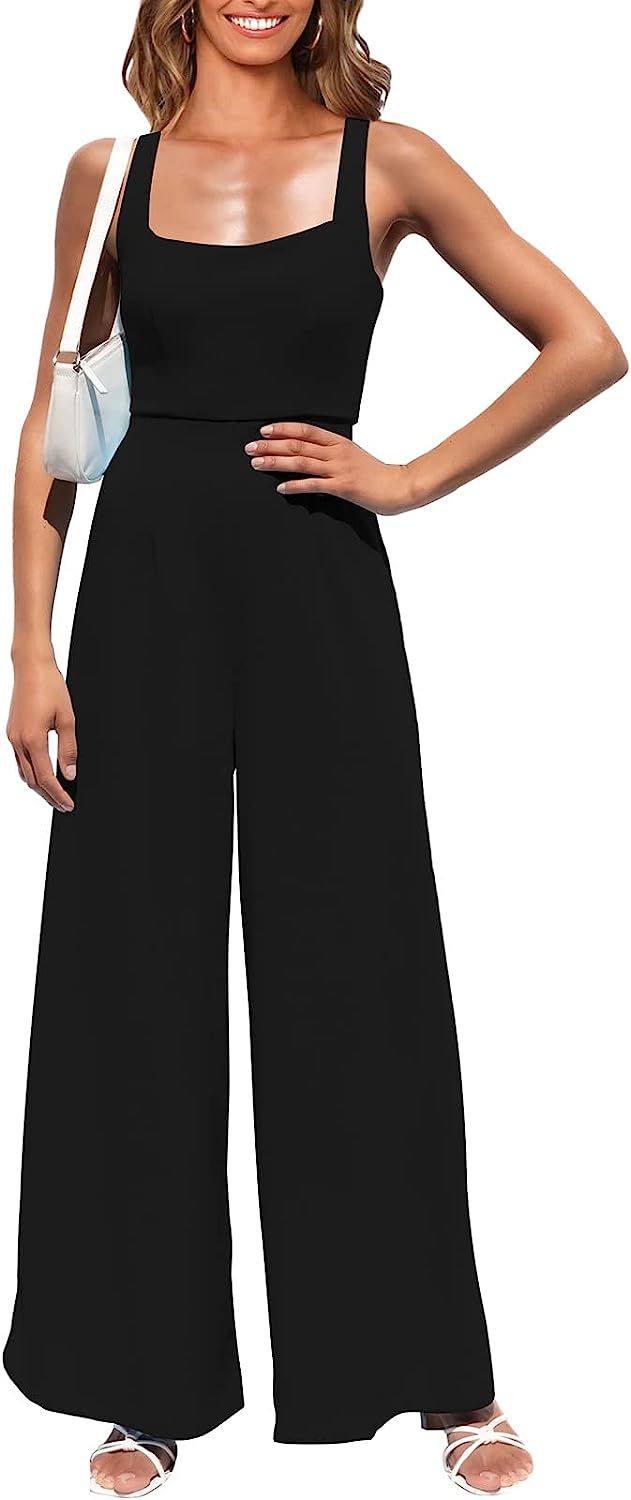 Fixmatti Women High Waist Wide Leg Jumpsuit Square Neck Sleeveless Romper Outfits | Amazon (US)