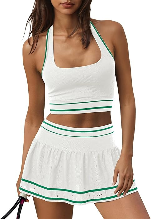 Fisoew Womens 2 Piece Tennis Skirt Sets Workout Set Halter Backless Sports Bra and Golf Skort Ath... | Amazon (US)