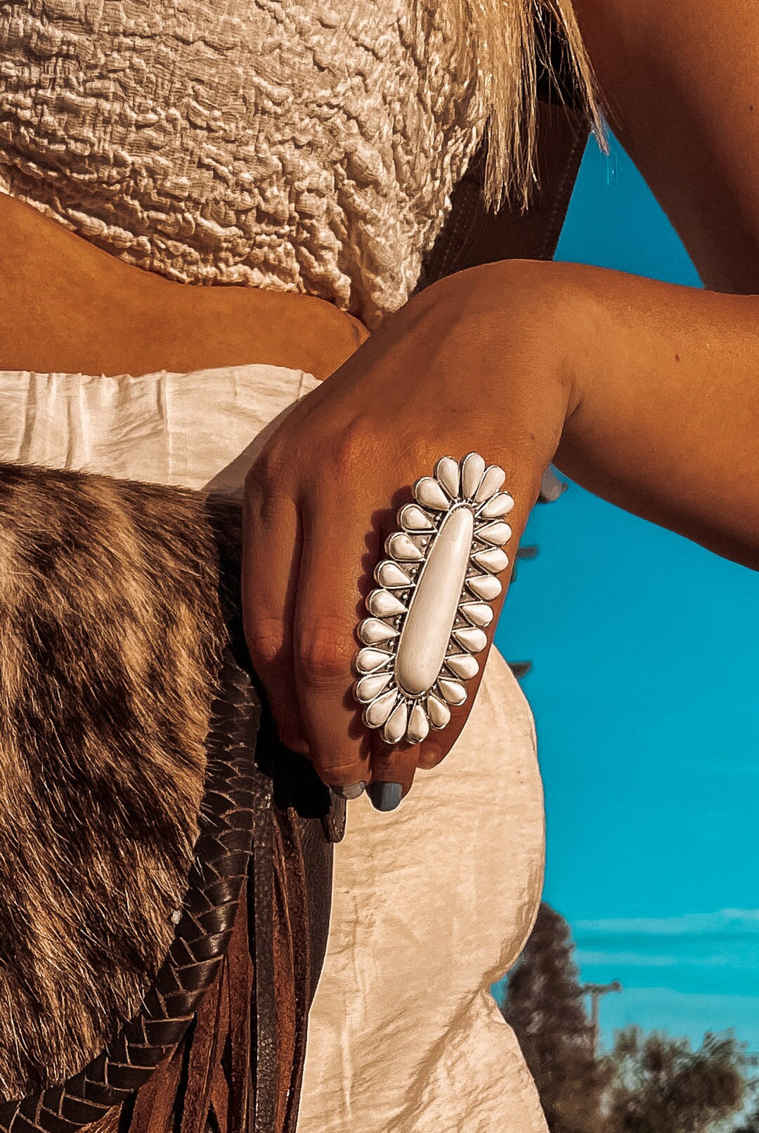 Faux White Buffalo Squash Blossom Western Adjustable Ring - Etsy | Etsy (US)