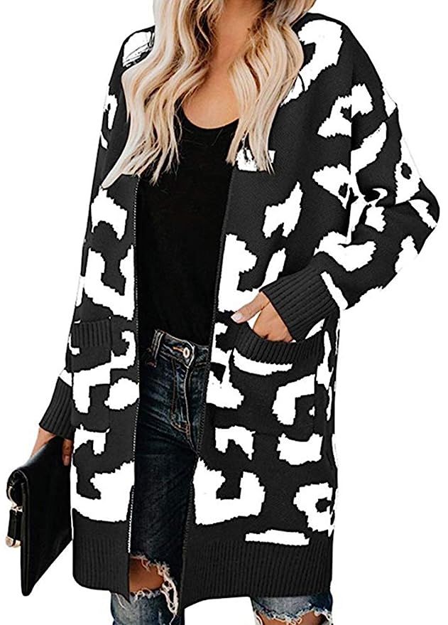 BTFBM Women Long Sleeve Open Front Leopard Knit Long Cardigan Casual Print Knitted Maxi Sweater C... | Amazon (US)