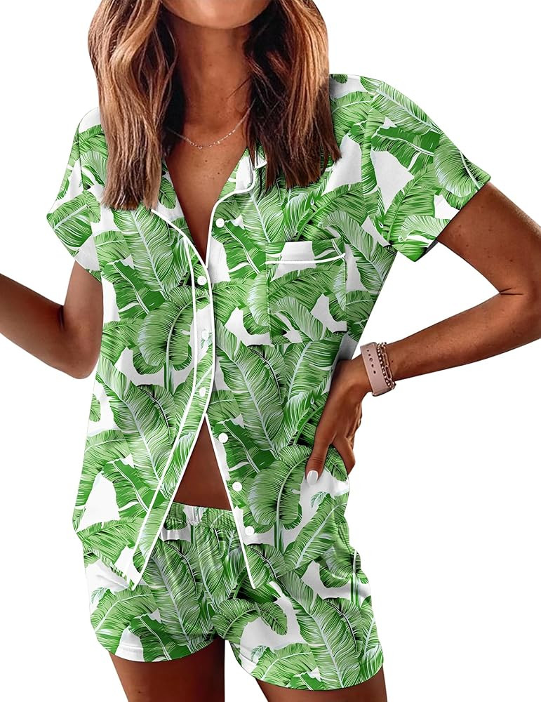 Ekouaer Womens Pajama Sets Button Down Lounge Set 2 Piece Loungewear Soft Sleepwear Short Sleeve ... | Amazon (US)
