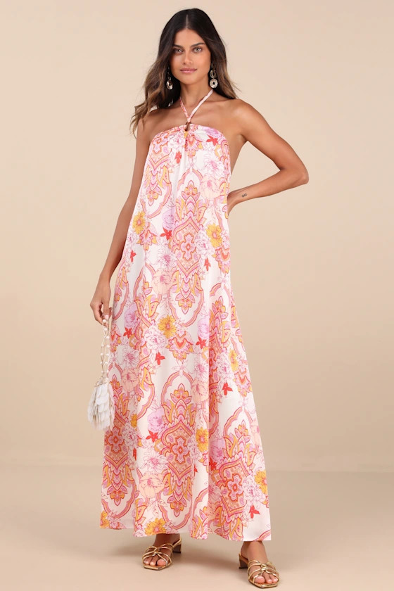 Nikoletta Coral Pink Multi Paisley Print Halter Maxi Dress | Lulus
