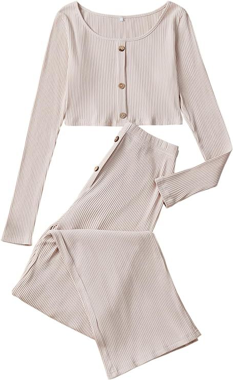 LYANER Women’s Ribbed Knit Long Sleeve Crop Top Long Pants Lounge Pajamas Sets | Amazon (US)