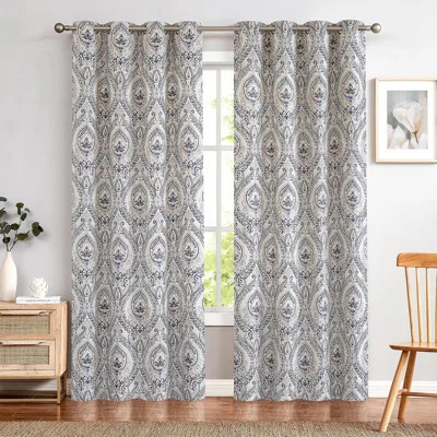 Room Darkening Linen Textured Curtains For Bedroom And Living Room, Vintage Damask Medallion Pattern Window Treatments, Blue On Greige, 2 Panel Set | Wayfair North America