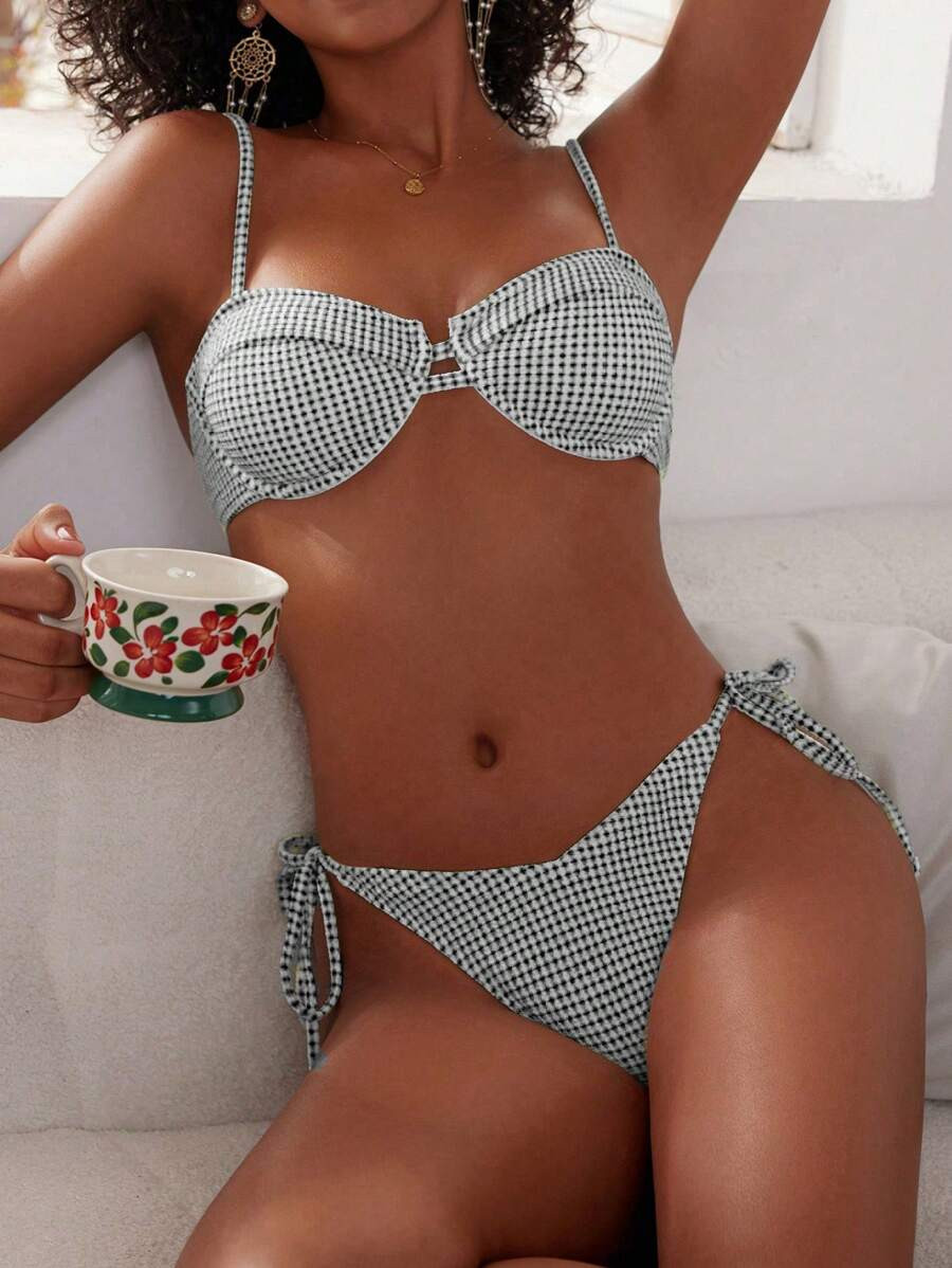 SHEIN Swim Women's Summer Beach Gingham Halter Triangle Bikini Set, Sexy Two-Piece Bikini Set | SHEIN