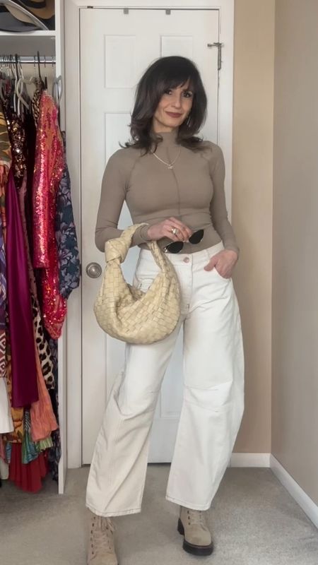 Love these Free People barrel legged jeans! I already have the blue one, just got these light beige ones snd will probably get the black one 😁. They fit true to size and sot low on the hips I’m 5’5” for reference. It comes in long and short as well in some colors.

The turtleneck is old and out if stock.

This Bottega bag is gorgeous! I also linked a similar style for way less. 

My booties are also sold out, so I linked a similar one



#LTKstyletip #LTKover40