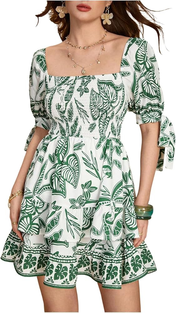 Floerns Women's Floral Print Puff Sleeve Square Neck Tiered Layer Shirred Dresses | Amazon (US)