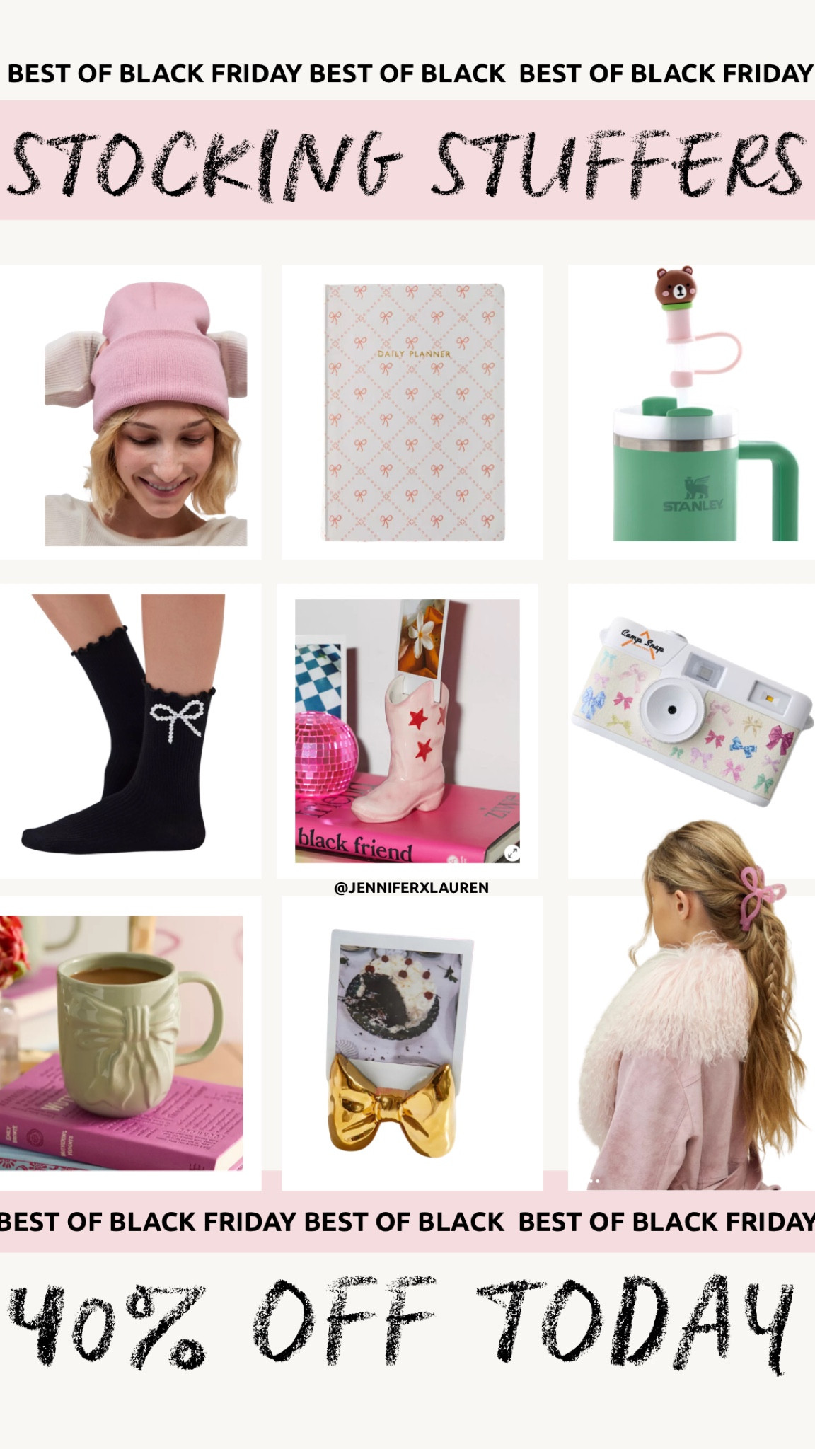 40% off stocking stuffer gift ideas 

Bow aesthetic, coquette gifts, bow gifts, Black Friday deals, stocking stuffers, girly gifts, holiday gifts, Christmas gifts, small gift ideas, mini gifts, beauty gifts, self-care gifts, trendy gifts, cute gifts, makeup, skincare, hair accessories, jewelry, keychains, candles, lip balm, nail polish, bath bombs, scrunchies, personalized gifts, aesthetic gifts, affordable gifts, unique gifts, teen gifts, women’s gifts, cozy gifts, budget-friendly gifts, gift under $25, girly teen gifts, deals, small gifts, mini gifts, unique gifts, trendy gifts, feminine gifts, cozy gifts, stylish gifts, pink aesthetic, affordable gifts, holiday shopping, 40% off deals, pink beanie, novelty beanie, cute winter hat, girly winter accessories, daily planner, cute notebook, bow print planner, organization gifts, Stanley cup, reusable mug, bear straw topper, eco-friendly gifts, black socks, bow socks, pearl detail socks, cozy accessories, boot vase, pink boot decor, western-themed gifts, trendy room decor, disposable camera, floral camera, aesthetic film camera, creative gift ideas, bow mug, cute coffee mug, feminine drinkware, home essentials, photo frame, bow photo holder, gold decor, tabletop accessories, pink jacket, faux fur jacket, statement coat, cozy winter fashion, swiftie gifts 

#LTKSeasonal #LTKsalealert #LTKfindsunder50