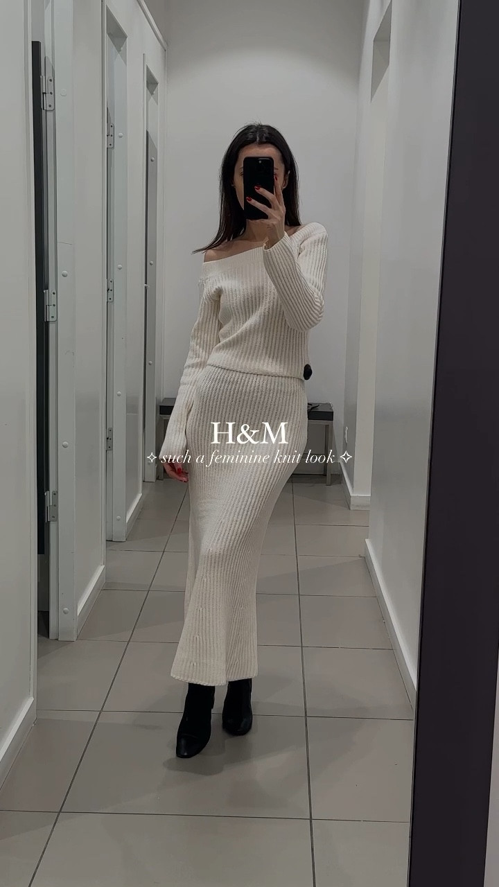 Such a gorgeous feminine knit look by H&M 🖤 Rib-knit off shoulder top & midi skirt. 

#LTKVideo #LTKMostLoved #LTKstyletip